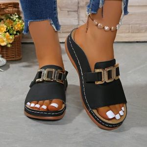 [Free Shipping] Plus-Size Fish-Mouth Metal Chain Sandals WomenS New Spring/Summer Casual Outdoor Slip-On Wedge Sandals