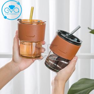 Ly Thuỷ Tinh Màu Gorgous Bọc Da Cách Nhiệt 450Ml Kèm Nắp Kín Hơi Và Ống Hút Thuỷ Tinh Cao Cấp SP4807