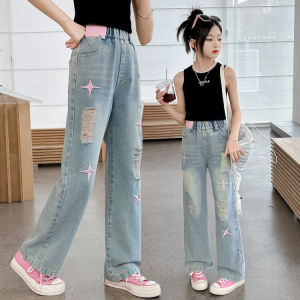 7-15Yrs Jeans Pants for Kids Girl colour Embroidery Wide-Leg Loose Pants Teens Girl Jeans Denim Maong Pants for Kids Girl