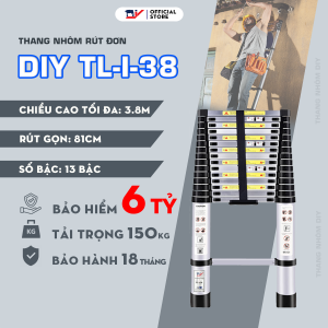 Thang nhôm rút đơn nhập khẩu DIY 3.8M - 4.4M - 5.0M - 6.0M đế cao su chống trượt khóa chốt chắc chắn tải trọng 150kg