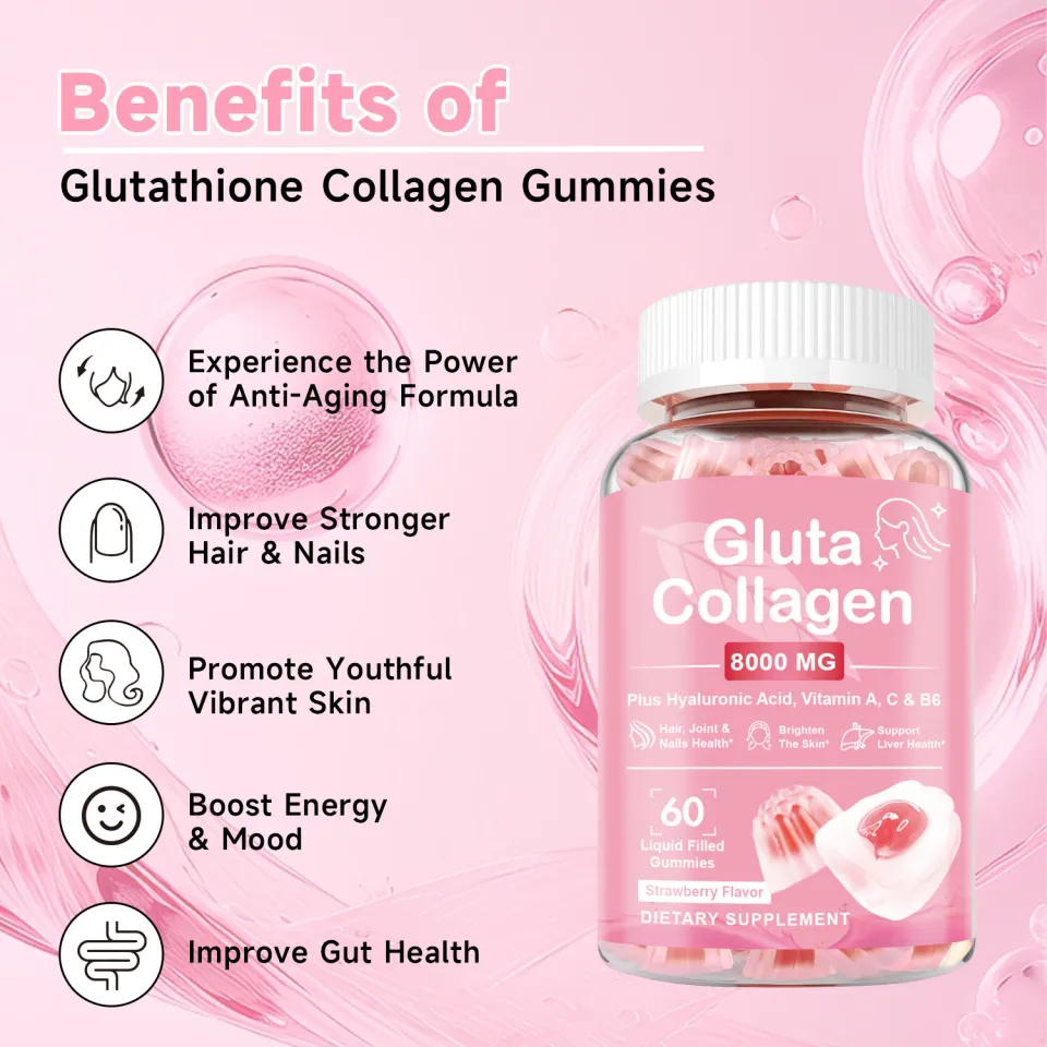 Ozmolts Gluta Collagen Gummies Skin Whitening Supplement Antioxidant Collagen Glutathione Gummies Glow Support Hair and Nails Health 60 Gummy