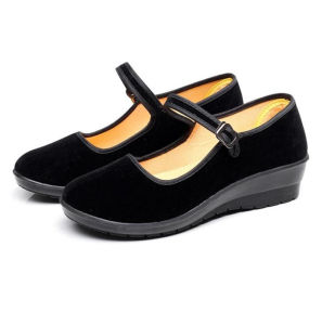 [Free Shipping] Womens Canvas Shoes Womens Shoes Wedge Heels Mid-Heel Shoes Black Canvas Shoes Womens Professional Work Shoes Soft-Soled Shoes.