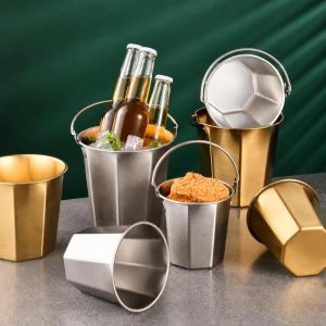 MIRELAE 304 Stainless Steel Mini Ice Bucket 0.7L/1.1L/1.7L Capacity Silver/Gold Snack Bucket Portable with Handle Kitchen Storage Bucket Household Kitchen