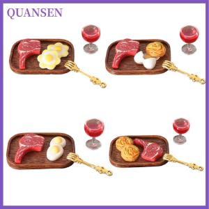 QUANSEN 1ชุดตุ๊กตาจำลองสเต็กแก้วไวน์แดงชุดพาสต้าโมเดลบ้านตุ๊กตาห้องครัวตกแต่งอาหารของเล่นตุ๊กตาอุปกรณ์ตกแต่งบ้านตุ๊กตา1ชุด