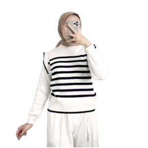 Atasan Knit Wanita Lengan Balon Lengan Panjang Basic Korean Rajut Motif Garis