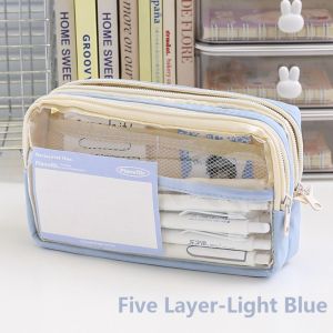DENGXUN PU Leather+PVC Pen Bag Five-Layer Large Capacity Pencil Case High Quality Transparent Stationery Bag Student Gift