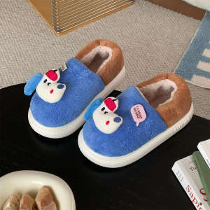 XIXITIAO Fun Home Color-Block Cotton Slippers Maternity Shoes Cute Puppy Winter Couple Warm Closed-Back Furry Shoes for Men and Women