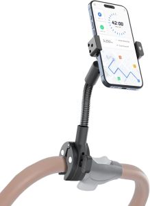 Stroller Phone Holder Rigid Gooseneck Clamp for Round Bars Anti-Slip Clamp for Round Handles Fits Bicycle ping Carts & Gym Equipment Holds 4–7" Phones with Thick Cases