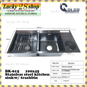 OLGO  (BK-615) STAINLESS MATTE BLACK HIGH QUALITY KITCHEN SINK WITH TRASH BIN (100X45X23CM)