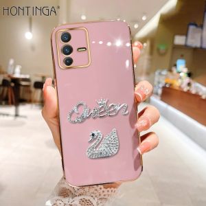 Hontinga Casing Case For Vivo V25 Pro 5G V25E V25 5G V23E 5G V23 5G Case Swan Queen Fashion Solid Color Luxury Chrome Soft TPU Square Phone Case Full Cover Camera Protection Casing Anti Gores Rubber Case
