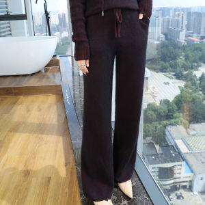 100% Pure Mink Cashmere Knit Wide-Leg Pants Womens Elastic Waist Loose Straight Trousers Leisure Thick Drawstring Mopping Pants2026