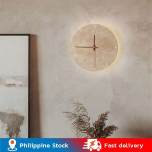 💥Dream Best🔥 Vintage Round Shape Natural Stone Clock Art Decoration LED Wall Lamp Bedroom Living Room Hotel Restaurant Decor Wall Clock 30*30cm
