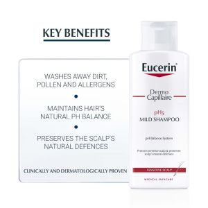 Eucerin DermoCapillaire pH5 Mild Shampoo 250ml | Sensitive Scalp Shampoo Gentle Daily Cleanser pH5 Citrate Buffer Panthenol Soothing