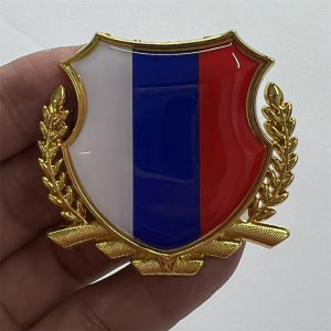 Miếng dán logo kim loại huy hiệu viền bông lúa hình lá cờ nước Nga RUSSIA – dán trang trí ôtô xe máy laptop