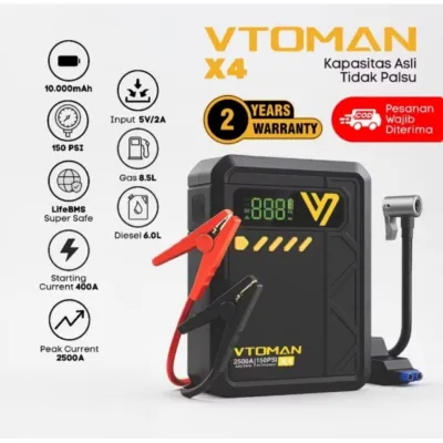 VTOMAN X4 Original Jumper Aki Mobil 10000mah Pompa Ban Elektrik Portable Car Jump Starter