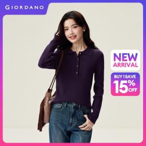 Giordano Beau Monde Women Half button collar slim sweater Free Shipping 13356919