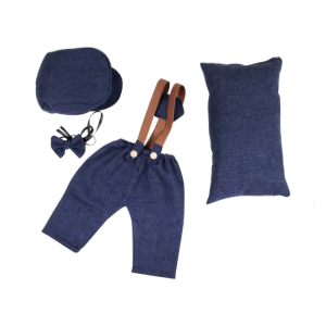Baby Photography Props Vintage PeakCap Overalls Photo Outfit Newborns Photo Clothes Infant Posing Pillow 4Pcs