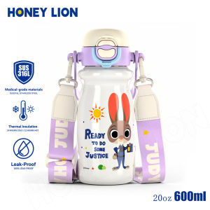 HoneyLion - Disney Zootopia Licensed Tumbler 600ML Cute Portable 316L Stainless Steel Vacuum Flask with Carry Strap Holiday Birthday Gift for Kids Girls Boys Aesthetic