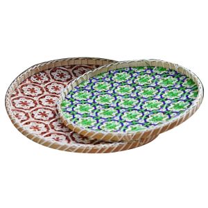Keranixy Colorful Bamboo Weaving Basket Tray Round Hand woven Portable Fruit Holder Cup Mat Decorative Dulang Anyaman
