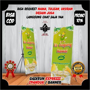 X Banner Spanduk Model Berdiri Es Jagung Hawai Viral - Banner Jualan Es Jagung