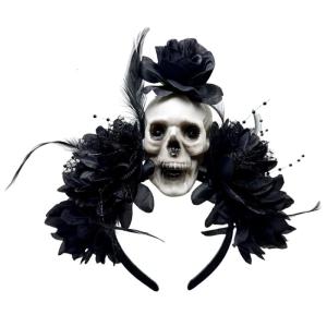 Punk Skull Hairband With Simulation Flower Halloween Headwear For Dancing Roleplay Event and Gothic Photography Supply