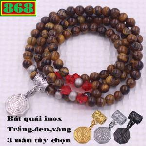 Vòng chuỗi 108 hạt đá mắt hổ vàng đen charm bát quái inox - hạt 6 ly 8 ly vòng chuỗi niệm Phật