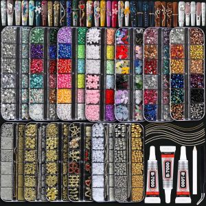 BANA Bedazzling Kit Nail Charms Rhinestones Kit with 13 Boxes of Nail Gems 18000Pcs 3D Gold and Silver Nail Charms with Cross Crown Pearls for DIY Nail Designs