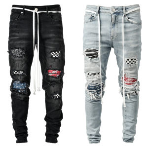 HOPEU Patchwork Printed Skinny Ripped Jeans for Men Long Pants Man Jens Pants for Men Slim Fit Skinny New Style Denim Pants Men Jeans Distressed Stretchable Elastic Biker Jogger Jins Rip Zipper Casual Trousers