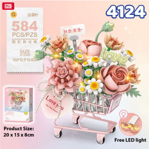 【Light】LOZ Lighted Pushcart Flower Basket Building Set Eternal Flower DIY Block Toy Valentine’s Gift for Girls