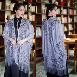 XIAHU Long Cloak Lace Cardigan Thin Cotton Linen Pure Color Lace Shawl Elegant Tassel Drape Beach Scarf Spring Summer