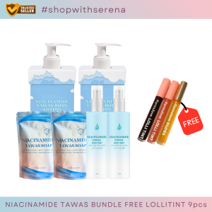 Niacinamide Tawas Bundle 2pcs Lotion + 2pcs Soap + 2pcs Body Mist + 3pcs Lolli Tints Complete Skincare Set: Brightens Skin Controls Body Odor Whitens Underarms Evens Skin Tone Deeply Moisturizes Gently Cleanses with Niacinamide Skin Care Set.