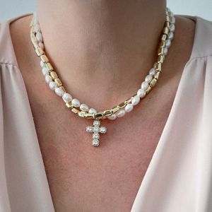 AE Dây chuyền ngọc trai giả phong cách Baroque châu Âu và Mỹ dành cho nữ sang trọng nhẹ nhàng mang lại cảm giác cao cấp mặt dây chuyền hình thánh giá đính kim cương dây chuyền xương quai xanh.