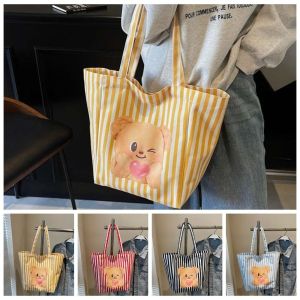 XINGG39 Dễ thương Túi tote hình gấu trúc bướm Hoạt hình Vải bố Túi xách kẻ sọc in họa tiết Đơn giản Sức chứa lớn Túi đeo vai Gấu Vàng Phụ nữ
