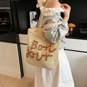 495HS Letter Weave Tote Bag Large Capacity Fashion Bohemian Shoulder Bag Sweet Shopping Bag Summer Beach Straw Handbag Girls