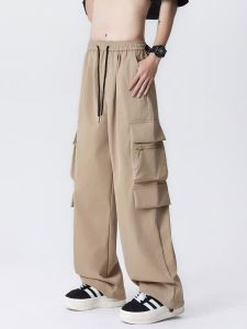 Mens  fashion brand multi-pocket straight cargo pants mens retro loose drawstring wide leg casual pants Seluar Kerja Seluar Kargo Slack [5XL]