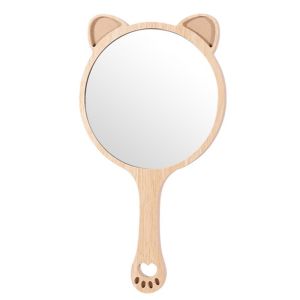AN249 Creative Makeup Mirror with Handle Portable Single-Sided Handheld Mirror Khaki with Animal Ears Cosmetic Mirror Home Decor