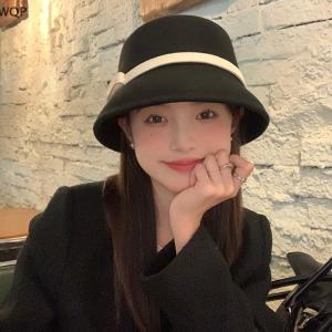 [WQP Fashion Store] Hot Sale Jewerry Autumn Winter French Bow Bucket Hat Women Sweet Felt Hat With Folded Shape