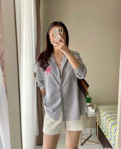 NANDO KEMEJA SALUR RIBBON BORDIR PITA BAHAN KATUN GARIS-GARIS VIRAL OVERSIZED PULLSIZE 8097ribbon