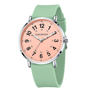 LIGE Women Watches Simple Elegant Waterproof 12/24 Hours Dial Silicone Strap Watches For Women+
