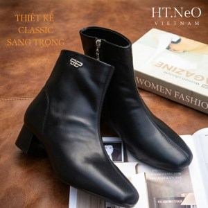 [ Mẫu Mới ] Bốt Nữ Thời Trang Cổ Lửng HT.NeO Da Thật  Gót Vuông Cao 4cm  Thiết Kế Basic Sang Trọng  Lịch Thiệp
