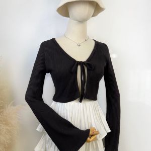 เสื้อคลุมครอป แขนยาว ผูกโบว์ 24-38 ผ้ารังผึ้ง ใส่สบาย พร้อมส่งจากไทย