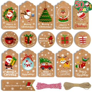 50pcs Merry Christmas Thank you Kraft Paper Tags Xmas tree Hanging Label Navidad New Year Party Gift Card Decorations for Home