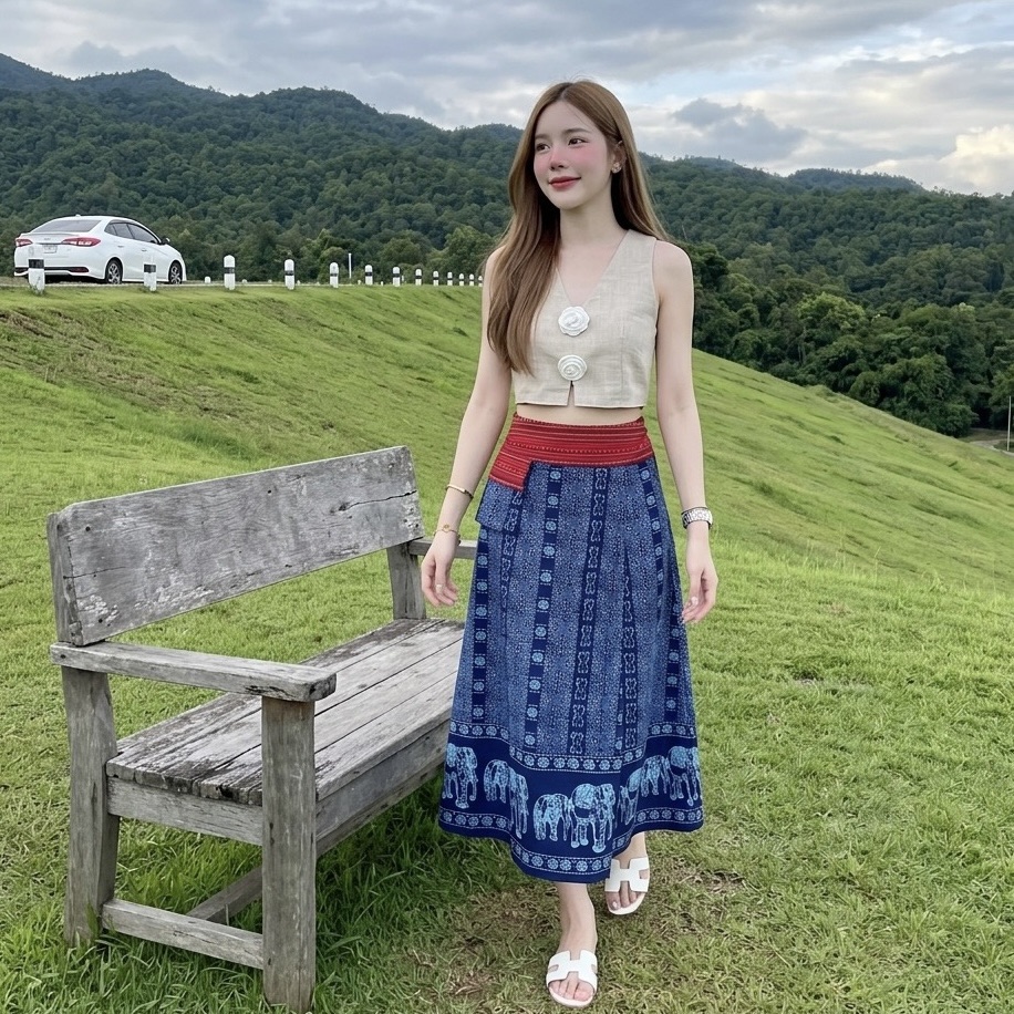 LANNA กระโปรงผ้าไทยทรงเอ ผ้าฝ้ายพิมพ์ลาย ใส่สบาย พรางพุง สวยทุกวัน มุมมองที่ 2