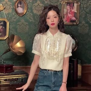 AMMIN 2024 ชุดกี่ เพ้าระดับไฮเอนด์ สำหรับฤดูร้อนปักลายดอกไม้ไข่มูกตะขอสไตล์วินเทจจีนใหม่ สำหรับเสื้อชีฟองหญิง