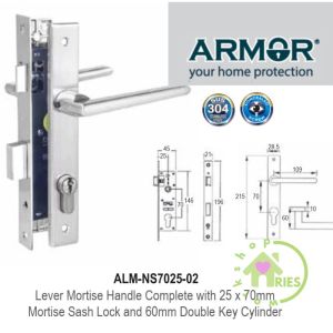 ARMOR Grill Door Lock 7025 02 Lever Mortise Handle Complete with 25 x 70mm Mortise Sash Lock & 60mm Double Key Cylinder