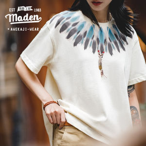 MADEN Thương Hiệu Quần Áo Bảo Hộ Lao Động Phong Cách Mỹ Retro Nặng Ấn Độ Ngắn Tay In Hình Lông Vũ Cotton Thả Vai Áo Thun Nữ Đau Khổ