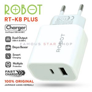 Adaptor ROBOT DUA Colokan USB-A dan Type-C Fast Charging Iphone RT-K8 Plus | Kepala Charger Robot RT K8+ USB Type C 12W 2.4A Power Delivery PD Fast Charging Adaptor Casan Batok Charger HP Adapter Original / Adapter Casan