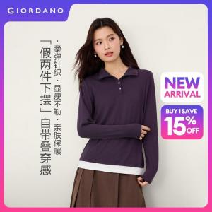 Giordano Beau Monde Women Fake two-piece contrast hem slim polo shirt Free Shipping 13316605