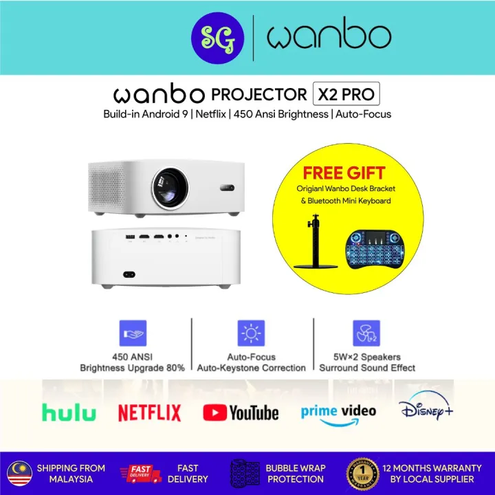 Wanbo X2 Pro Projector with Gifts(Build in Android 9, 450ANSI, Auto-focus) 1 Year Warranty by Wanbo Malaysia