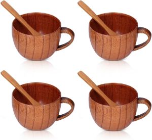 4Pcs Wood Coffee Mug Japanese Tea Cup Small Wooden Tea Cup Japanese Style Latte Mug Wine Mug for Drinking Natural Wooden Teacups with Spoon for Wine Coffee Tea Drinks
